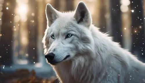 Một Con Sói Trắng Hoạt Hình Trong Một Thế Giới Giả Tưởng, Lung Linh Dưới Nguồn Ánh Sáng Huyền Bí.
