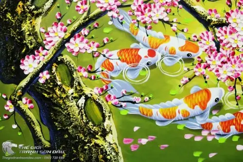 Tranh Cá Chép (cá Koi) Chín Con Dưới Gốc Đào