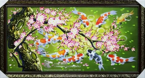 Tranh Cá Chép (cá Koi) Chín Con Dưới Gốc Đào