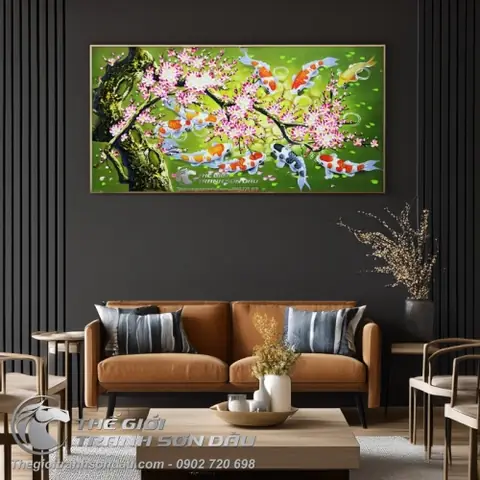 Tranh Cá Chép (cá Koi) Chín Con Dưới Gốc Đào