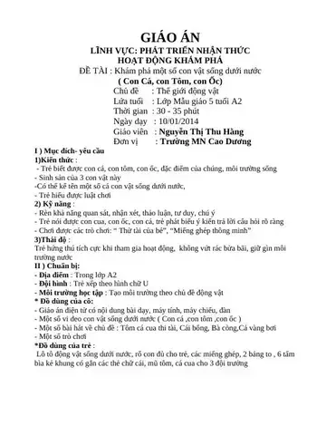 Các Hoạt Động Chủ Đạo Trong Giáo Án Nhận Biết Con Tôm Con Cá