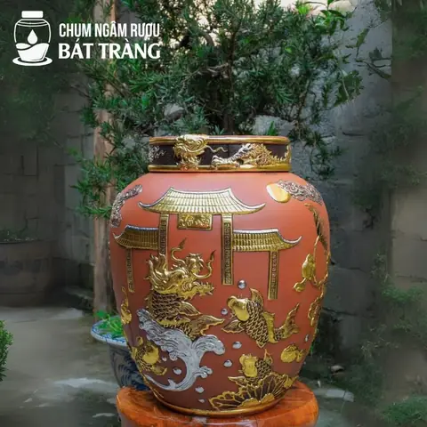 Chum Gốm Không Tráng Men Đắp Nổi Dát Vàng Hoa Văn Cá Chép Hóa Rồng Cs-06