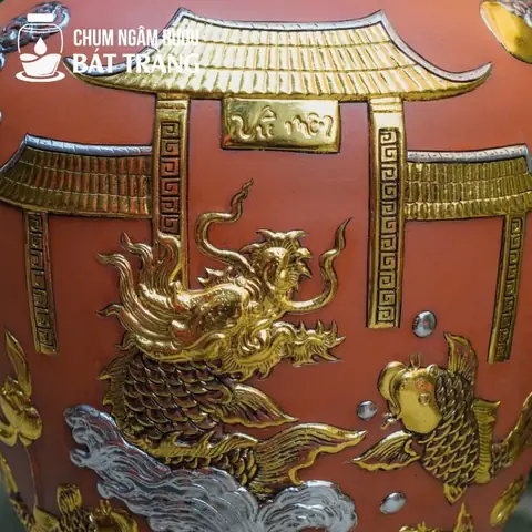 Chum Gốm Không Tráng Men Đắp Nổi Dát Vàng Hoa Văn Cá Chép Hóa Rồng Cs-06