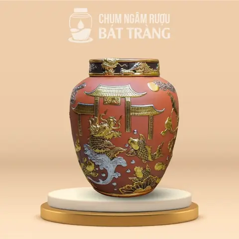 Chum Gốm Không Tráng Men Đắp Nổi Dát Vàng Hoa Văn Cá Chép Hóa Rồng Cs-06