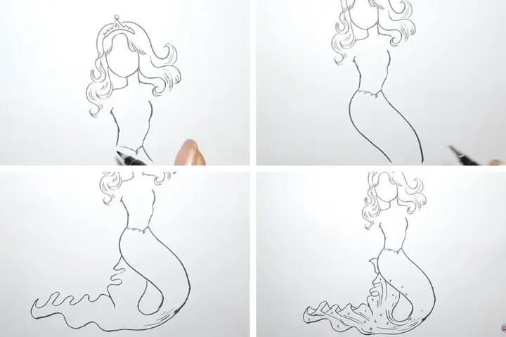Bước 2: Vẽ Phần Thân Và Đuôi Nàng Tiên Cá