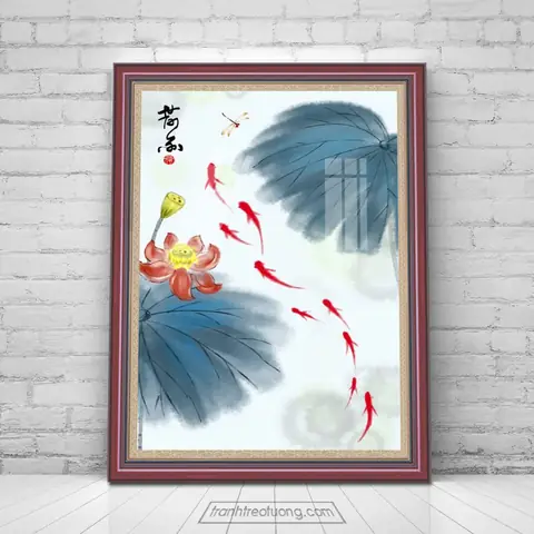 Tranh Treo Tường Cá Chép Hoa Sen Đẹp Kiểu Đứng Tcn4914
