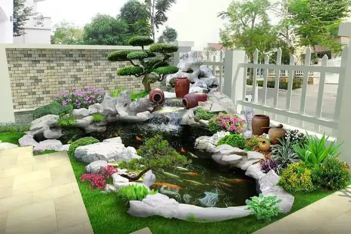 Hồ Koi Mini Đẹp Có Thác Nước Và Hòn Non Bộ