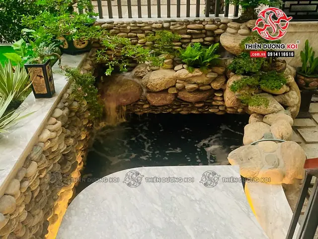 Thi Công Hồ Cá Koi Tinh Tế Với Đá Cuội Và Cây Xanh