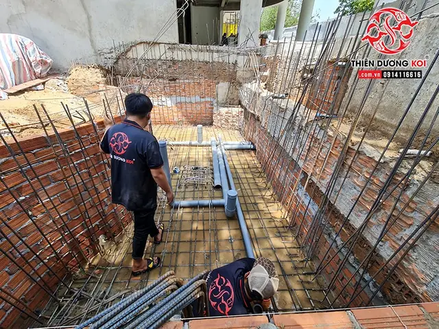 Thi Công Hồ Cá Koi Tinh Tế Với Đá Cuội Và Cây Xanh